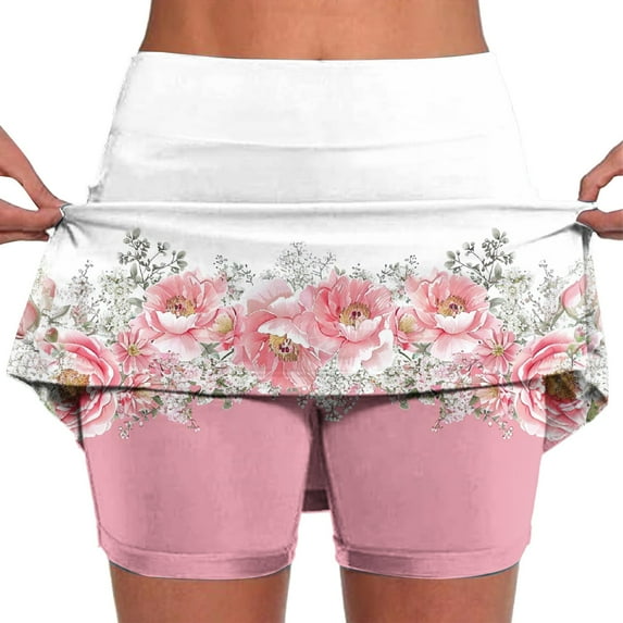 Htigea Womens Flower Print Tennis Skorts Plus Size Workout Athletic Skort Summer Skirts Lightweight Badminton Skirt with Built in Shorts Pink 5XL