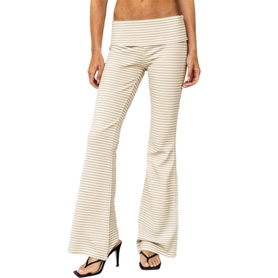 Htigea Womens Fold Over Pants Striped Low Waist Lounge Yoga Flared Pant Casual Trendy Everyday Bell Pant Beige S