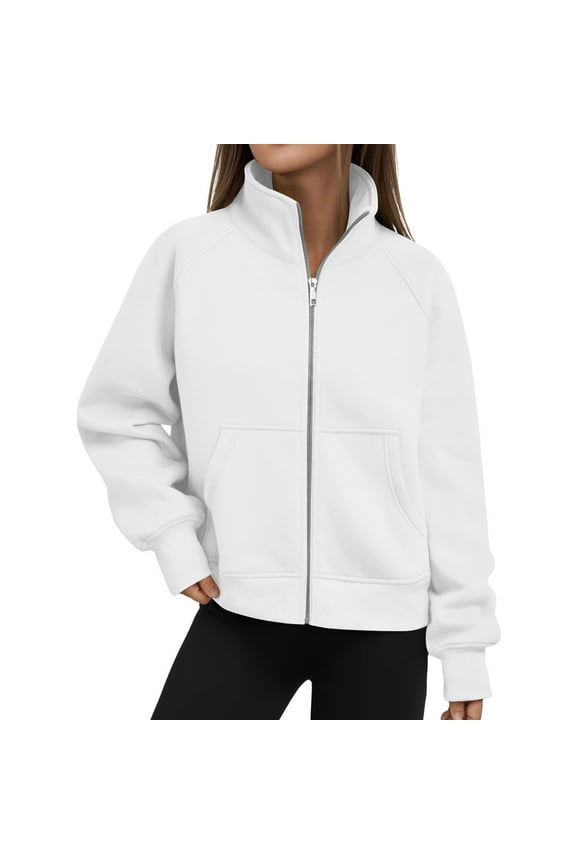 Womens Full Zip Up Sweatshirt Casual Stand Neck Jackets Lightweight Outdoor Athletic Coats with Pockets White L