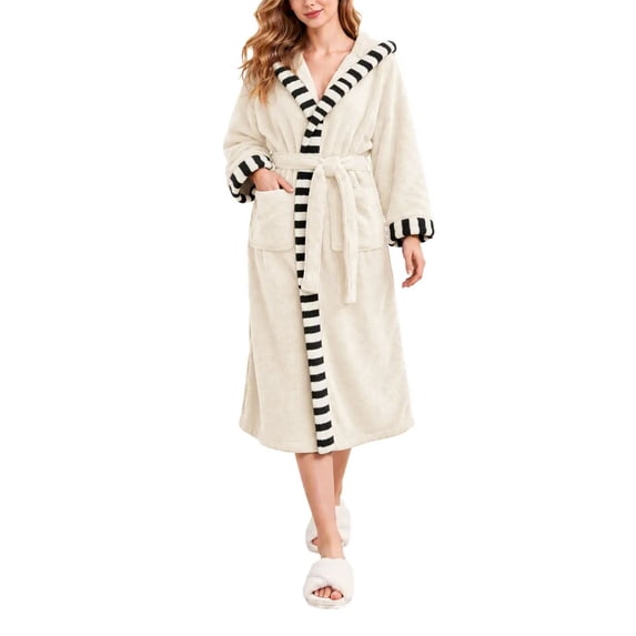 Sofe Color Htigea Womens Fuzzy Bathrobe Contrast Color Long Sleeve Hooded Robes ...