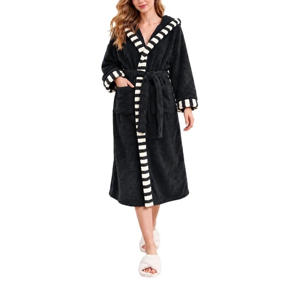 Sofe Color Htigea Womens Fuzzy Bathrobe Contrast Color Long Sleeve Hooded Robes ...