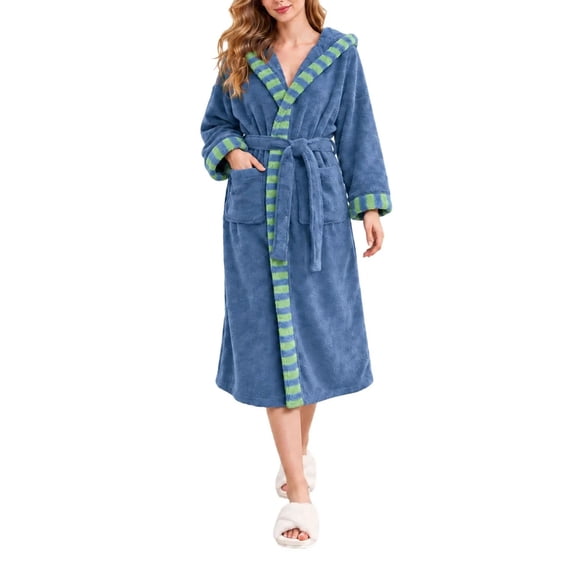 Sofe Color Htigea Womens Fuzzy Bathrobe Contrast Color Long Sleeve Hooded Robes ...