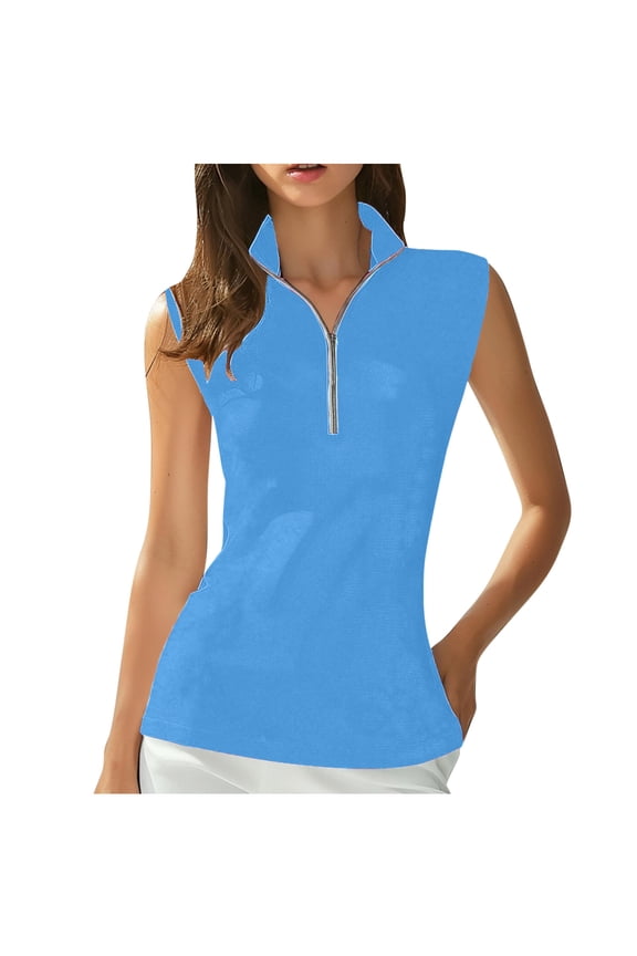 Womens Golf Tank Tops Sleeveless Sport Shirts for Women V Neck Zip Collar Athletic Workout Tennis Tanks Summer Top Blue,XL