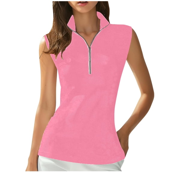 Htigea Womens Golf Tank Tops Sleeveless Sport Shirts for Women V Neck Zip Collar Athletic Workout Tennis Tanks Summer Top Pink,2XL
