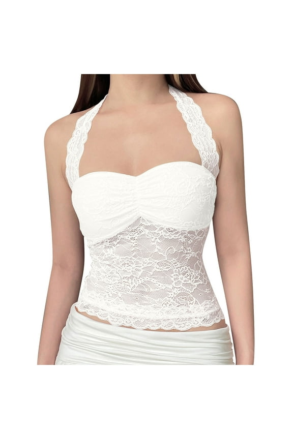 Womens Gothic Halter Tops Lace Sheer Longline Bras Strapless Crop Going Out Camisole with Pad White S