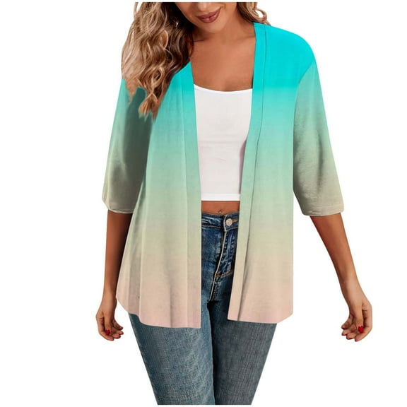 Htigea Womens Gradient Color Cardigan Casual Open Front 3/4 Sleeve Cardigans Tops Soft Drape Blouses Sky Blue,XL