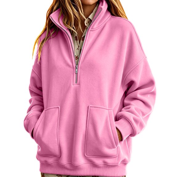 Htigea Womens Half Zip Stand Collar Sweatshirt Baggy Long Sleeve Pullover Slouchy Drop Shoulder Tops with Pockets Casual Daily Fall Sweatshirts Pink XL