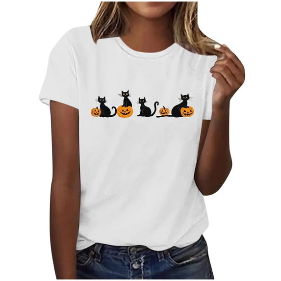 Htigea Womens Halloween T Shirts Pumpkin Black Cats Graphic Short Sleeve Tees Casual Loose Fit Pullover Cute Holiday Party Tops 01#White XL