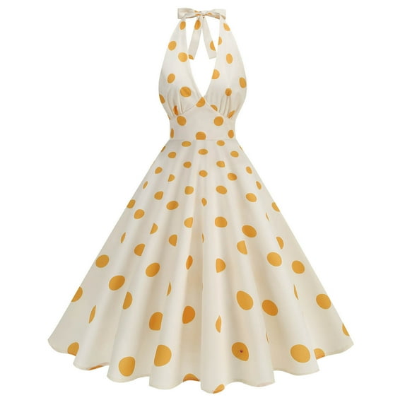 Htigea Womens Halter Dress Polka Dot Sleeveless Cocktail Swing Dress Vintage Fit and Flare Dress for Wedding Evening Party Prom Yellow,S