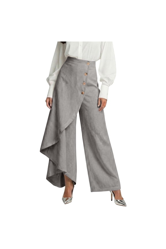 Womens High Elastic Straight Leg Pants Asymmetrical Ruffle Hem Button Down Flowy Palazzo Pant Summer Cotton Linen Trousers Gray XXL