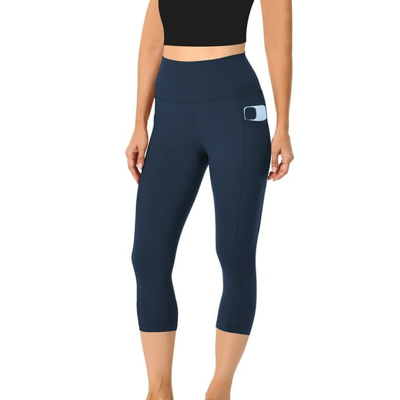 Htigea Womens High Waist Capri Yoga Leggings Cropped Pant for Workout with Two Pockets Navy 2XL