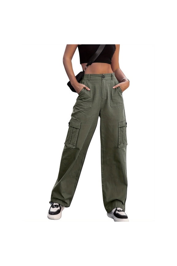 Womens High Waisted Cargo Pants Straight Leg Hiking Pant with 6 Pockets Streetwear Casual Trendy Outdoor Work Pants Army Green XS