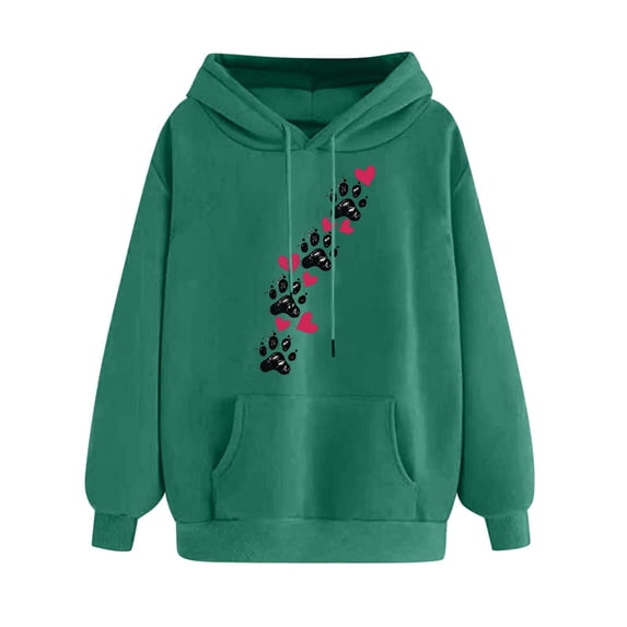 Htigea Womens Hoodies Cute Heart Dog Paw Graphic Sweatshirts Casual Loose Fit Pullover Drawstring Hooded Long Sleeve Tops with Pocket Fall Winter Clothes Mint Green XL