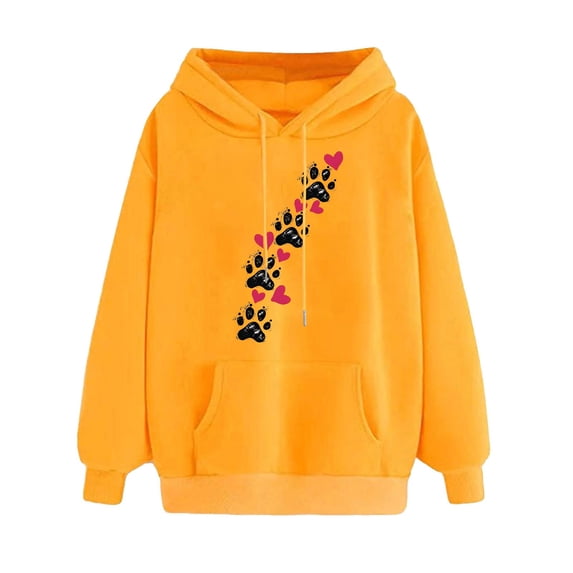 Htigea Womens Hoodies Cute Heart Dog Paw Graphic Sweatshirts Casual Loose Fit Pullover Drawstring Hooded Long Sleeve Tops with Pocket Fall Winter Clothes Yellow S
