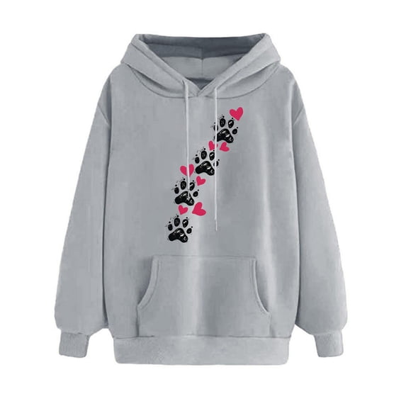 Htigea Womens Hoodies Cute Heart Dog Paw Graphic Sweatshirts Casual Loose Fit Pullover Drawstring Hooded Long Sleeve Tops with Pocket Fall Winter Clothes Gray XL