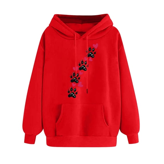 Htigea Womens Hoodies Cute Heart Dog Paw Graphic Sweatshirts Casual Loose Fit Pullover Drawstring Hooded Long Sleeve Tops with Pocket Fall Winter Clothes Red S