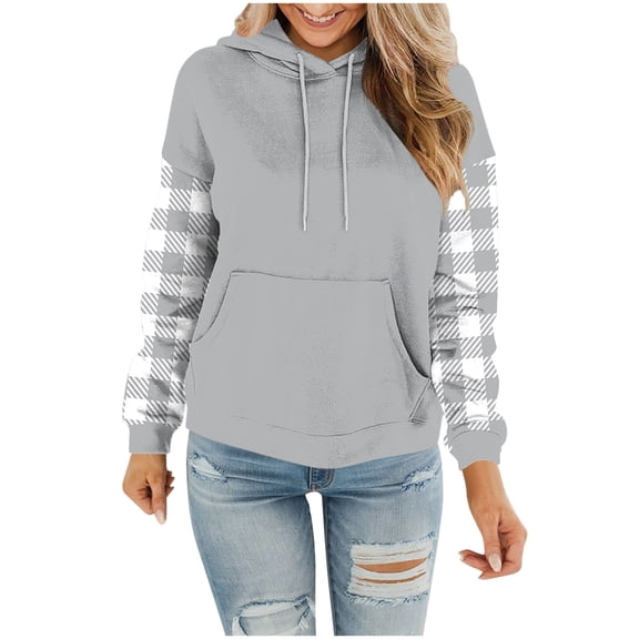 Htigea Womens Hoodies Drawstring Hooded Sweatshirt Plaid Patchwork Long Sleeve Pullover Fall Tops with Pocket Gray S
