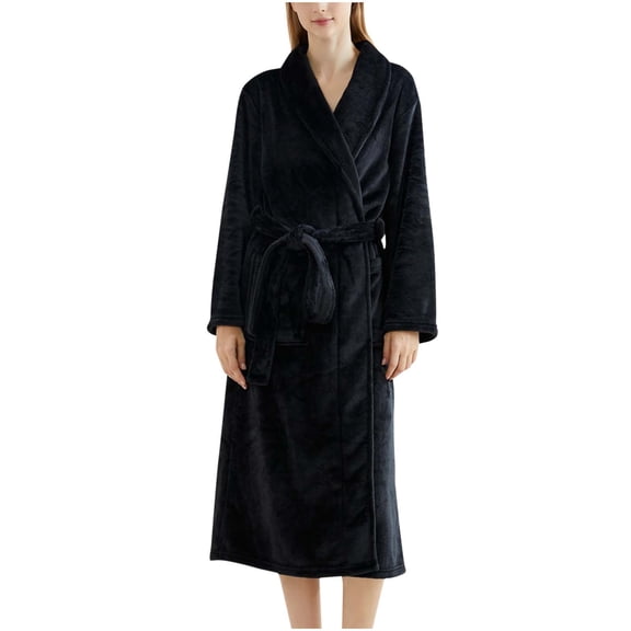 Htigea Womens Housecoat Robes Flannel Shawl Collar Long Sleeve Plush Kimono Bathrobe Soft Comfy Nightgown Loungewear Black,L