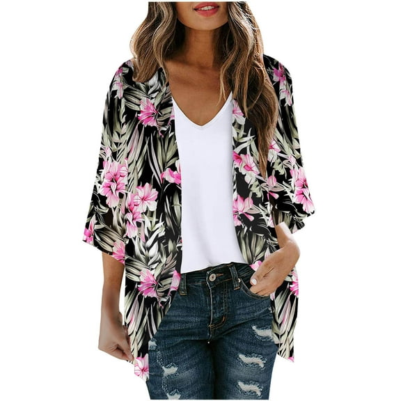 Htigea Womens Kimono Cardigans Lightweight Half Sleeve Open Front Cardigan Comfy Chiffon Print Cardigan Tops Black,XL