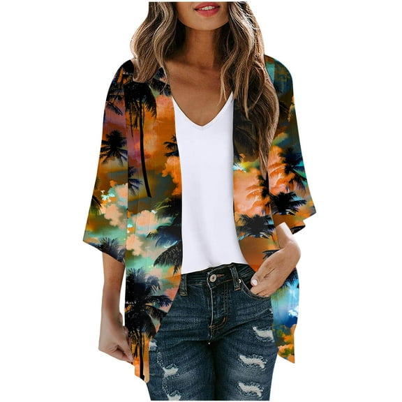 Htigea Womens Kimono Cardigans Lightweight Half Sleeve Open Front Cardigan Comfy Chiffon Print Cardigan Tops Brown,S