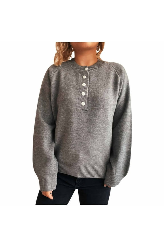 Womens Knit Henley Sweater Casual Crewneck Pullover Long Sleeve Buttons Tops Fall Trendy Jumper Gray L