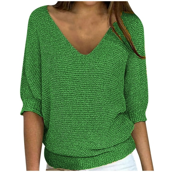 Htigea Womens Knit Pullover Sweater Comfy 3/4 Sleeve V Neck Sweater Plain Casual Tops Loose Tunic Blouse Fall Summer Clothes Green,L
