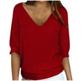 thumbnail image 1 of Htigea Womens Knit Pullover Sweater Comfy 3/4 Sleeve V Neck Sweater Plain Casual Tops Loose Tunic Blouse Fall Summer Clothes Red,2XL, 1 of 6