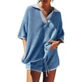 thumbnail image 1 of Htigea Womens Knit Sweater Sets Oversized Short Sleeve Shirts Drawstring Elastic Waist Shorts Striped Casual Outfits Blue S, 1 of 9