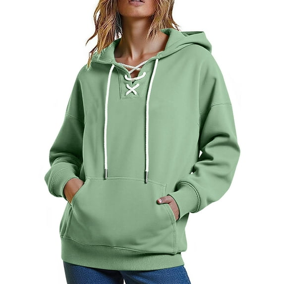 Htigea Womens Lace Up Hoodies Thin Fleece V-Neck Hooded Sweatshirts Casual Loose Fit Pullover Tunic Tops with Pocket Green XL