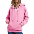 thumbnail image 1 of Htigea Womens Lace Up Hoodies Thin Fleece V-Neck Hooded Sweatshirts Casual Loose Fit Pullover Tunic Tops with Pocket Pink XL, 1 of 6