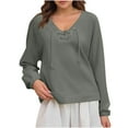 thumbnail image 1 of Htigea Womens Lace Up Sweatshirts Casual V Neck Long Sleeve Tops Lightweight Fall Pullover Sweatshirt Gray L, 1 of 9