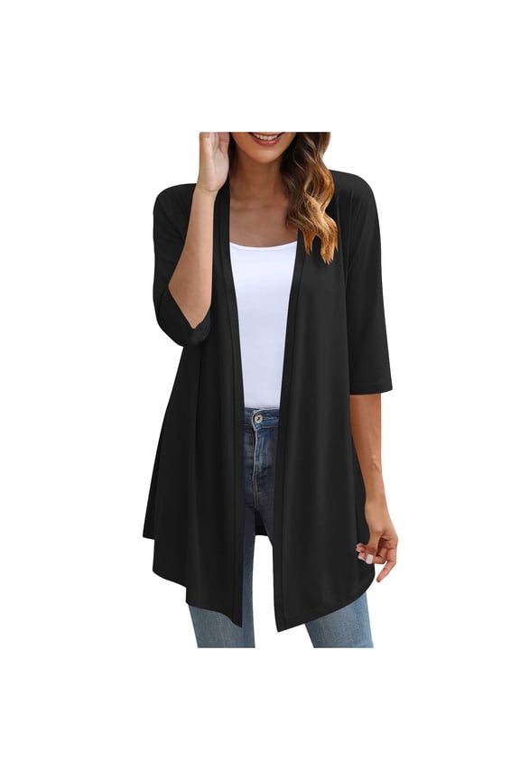 Womens Lightweight Cardigan Solid Color Soft Comfy 3/4 Sleeve Cardigans Fall Open Front Tops Black,M