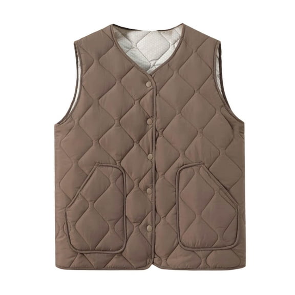 Htigea Womens Lightweight Quilted Jackets Solid Color Snap Button Vest with Pocket Slim Fit Winter Warm Gilet Brown XXXXL