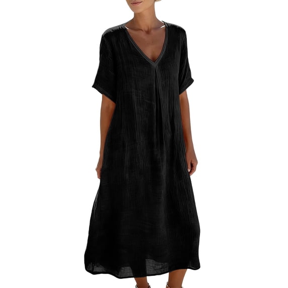 Htigea Womens Linen Maxi Dresses Summer V-Neck Short Sleeve Gauze Dress Summer Casual Loose Flowy Beach Vacation Dress Black M