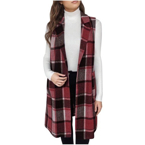 Htigea Womens Long Plaid Vest Fall Sleeveless Blazer Jackets Stylish Lapel Open Front Cardigan Coats Wine XXL