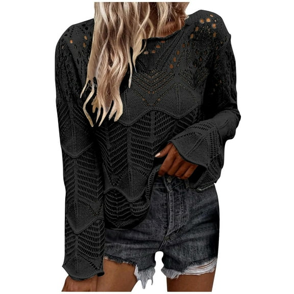 Htigea Womens Long Sleeve Crewneck Tops Hollow Out Crochet Knit Blouses Cover Up Black XL