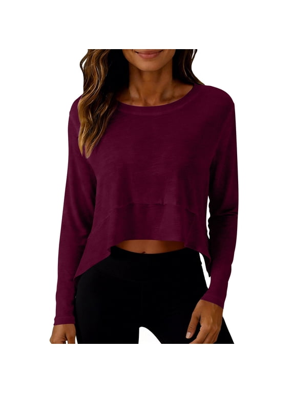 Womens Long Sleeve Cropped Tops Loose Casual Yoga Gym Tees Solid Color Crewneck Tees Fall Clothes Red S