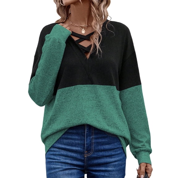 Htigea Womens Long Sleeve Sweatshirts Crisscross V Neck Tunic Shirts Trendy Color Block Pullover Fall Tops Green S