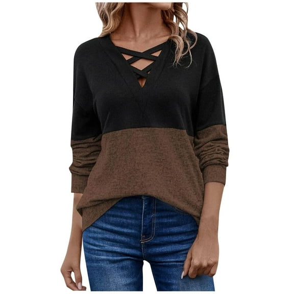 Htigea Womens Long Sleeve Top Criss Cross V Neck Shirt Casual Loose Fit Pullover Trendy Color Block Shirt Coffee XXL