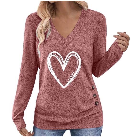 Htigea Womens Long Sleeve Tunic Tops Fall T-Shirts | Heart Print, Side Button, Loose Fit, Casual Dressy Work Blouse Pink XL