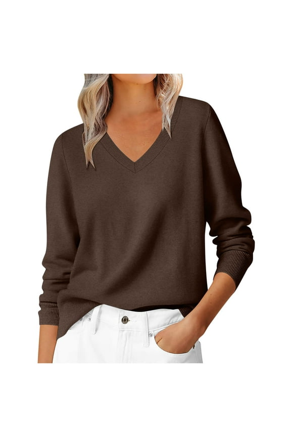 Womens Long Sleeve V Neck Sweater Fall Soft Cozy Pullover Casual Loose Fit Knit Tops Brown L