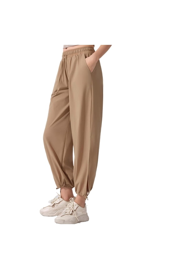 Womens Lounge Pants Side Slit Cropped Wide Leg Slacks Drawstring Elastic Waist Casual Pant with Pockets Khaki S