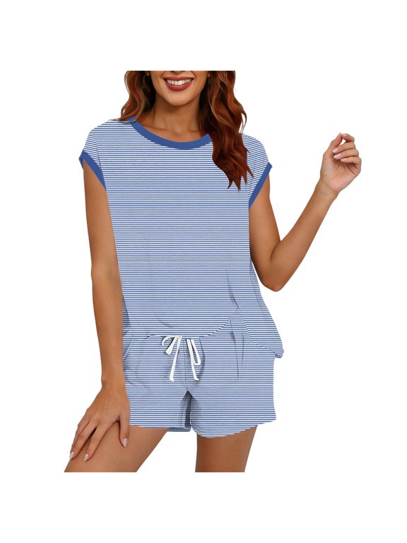Womens Lounge Set Striped Sleeveless Shirts Tops and Drawstring Shorts 2 Piece Outfits Summer Casual Homewear Navy L