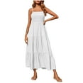 thumbnail image 1 of Htigea Womens Maxi Dress Bohemian Spaghetti Strap Smocked Tiered Long Beach Sun Dresses Solid Summer Sleeveless Dress White,2XL, 1 of 7