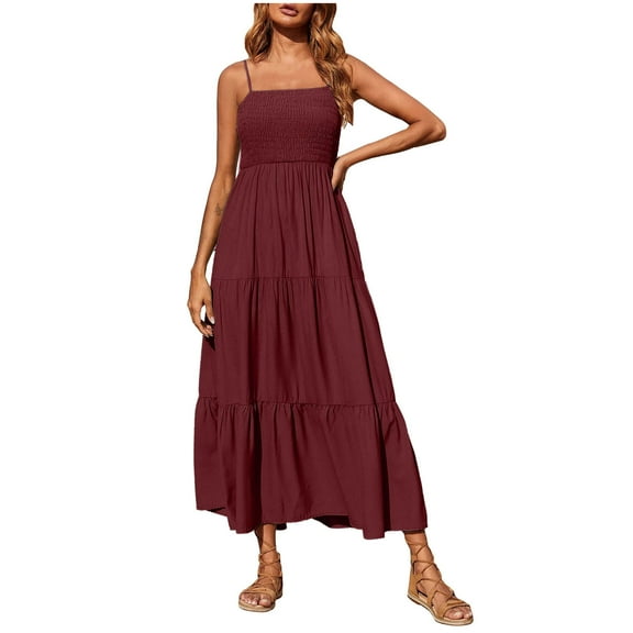 Htigea Womens Maxi Dress Bohemian Spaghetti Strap Smocked Tiered Long Beach Sun Dresses Solid Summer Sleeveless Dress Wine,S
