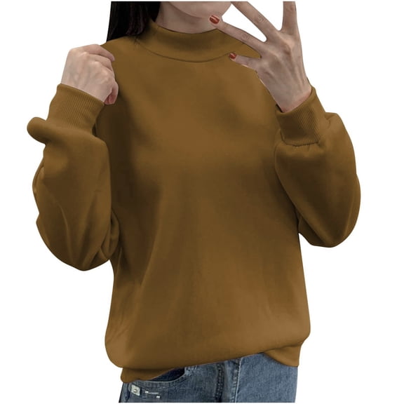 Htigea Womens Mock Neck Pullover Athletic Tops Fall Fleece Long Sleeve Workout Sweatshirts Casual Solid Color Pullovers Brown L