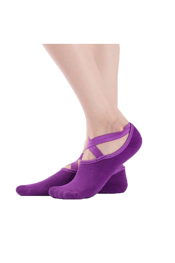 Womens Non Slip Dance Socks Solid Color Yoga Workout Grip Sock with Cross Straps Purple Free Size