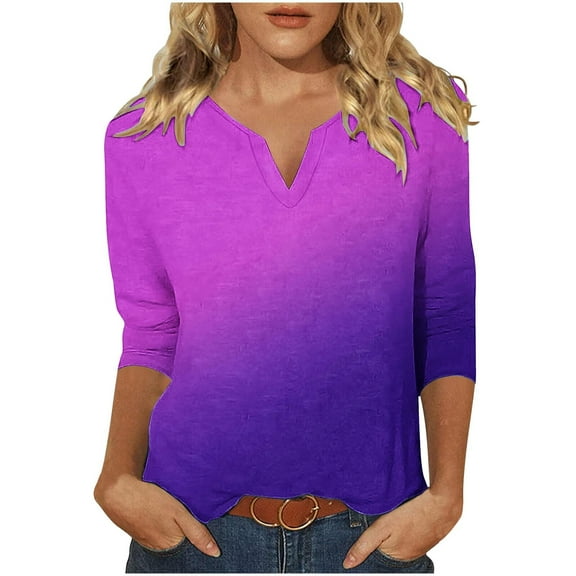 Htigea Womens Notch V Neck Tshirts Dressy 3/4 Sleeve Tunic Tops Trendy Gradient Color Pullover Tee Comfy Summer Fall Blouse Purple,L