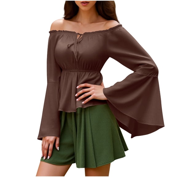 Htigea Womens Off the Shoulder Shirts Renaissance Bell Long Sleeve Tops Medieval Vintage Holiday Party Blouse Coffee S