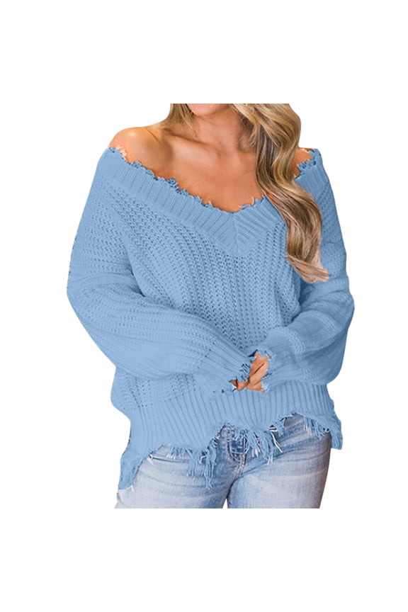 Womens Off the Shoulder Sweater Solid V Neck Long Sleeve Loose Knitted Pullover Ripped Crop Top Blue XXXL